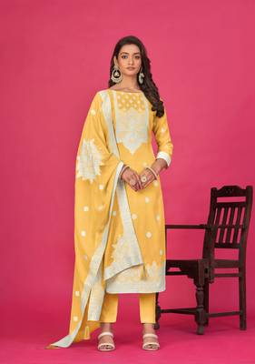 Yellow colour organza suit for trendy girlish party looks with resham work 1