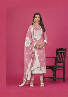 Pink colour organza suit for trendy girlish party looks with resham work 1