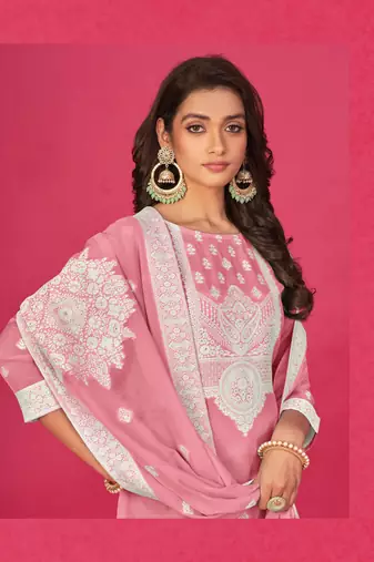 Pink colour organza suit for trendy girlish party looks with resham work