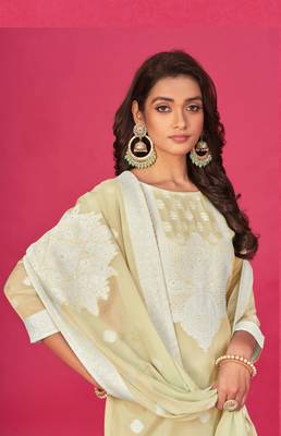 Beige colour organza suit for trendy girlish party looks with resham work 2