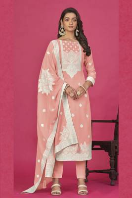 Peach colour organza suit for trendy girlish party looks with resham work 1