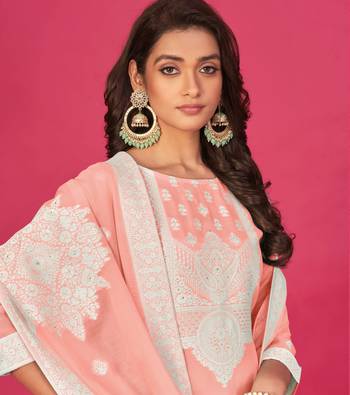 Peach colour organza suit for trendy girlish party looks with resham work 2