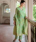 Green colour ethnic style woven designer chanderi silk salwar suit