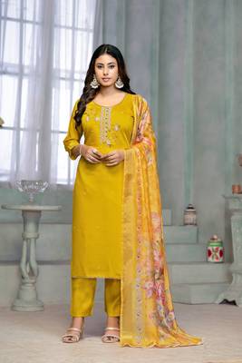 Beautiful yellow colour rayon cotton readymade suit with graceful embroidery work for ethnic party looks 1
