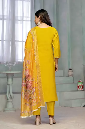 Beautiful yellow colour rayon cotton readymade suit with graceful embroidery work for ethnic party looks