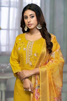 Beautiful yellow colour rayon cotton readymade suit with graceful embroidery work for ethnic party looks 3
