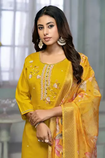 Beautiful yellow colour rayon cotton readymade suit with graceful embroidery work for ethnic party looks