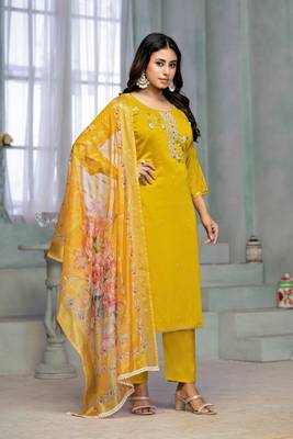 Beautiful yellow colour rayon cotton readymade suit with graceful embroidery work for ethnic party looks 4