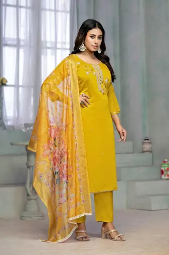 Beautiful yellow colour rayon cotton readymade suit with graceful embroidery work for ethnic party looks