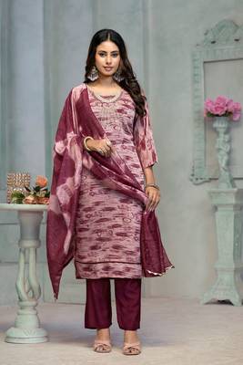 Beautiful wine colour rayon cotton readymade suit with graceful embroidery work for ethnic party looks 1