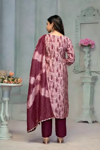 Beautiful wine colour rayon cotton readymade suit with graceful embroidery work for ethnic party looks