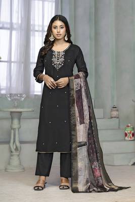 Beautiful black colour rayon cotton readymade suit with graceful embroidery work for ethnic party looks 1