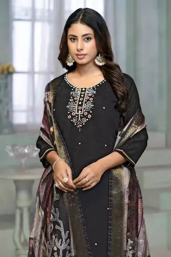 Beautiful black colour rayon cotton readymade suit with graceful embroidery work for ethnic party looks
