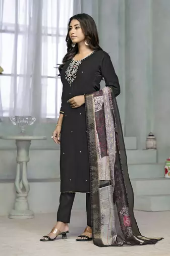 Beautiful black colour rayon cotton readymade suit with graceful embroidery work for ethnic party looks