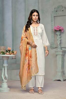 Beautiful cream colour rayon cotton readymade suit with graceful embroidery work for ethnic party looks 1