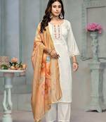 Beautiful cream colour rayon cotton readymade suit with graceful embroidery work for ethnic party looks