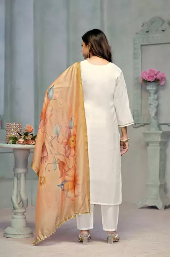 Beautiful cream colour rayon cotton readymade suit with graceful embroidery work for ethnic party looks