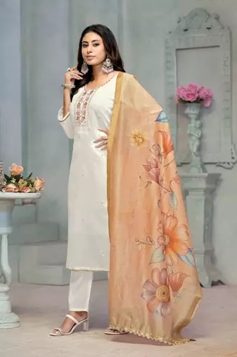 Beautiful cream colour rayon cotton readymade suit with graceful embroidery work for ethnic party looks