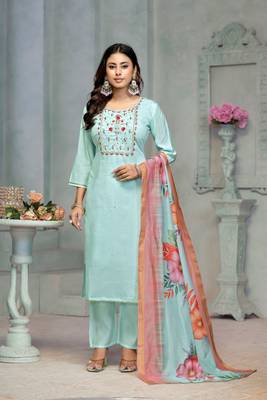 Beautiful blue colour rayon cotton readymade suit with graceful embroidery work for ethnic party looks 1