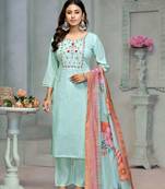 Beautiful blue colour rayon cotton readymade suit with graceful embroidery work for ethnic party looks