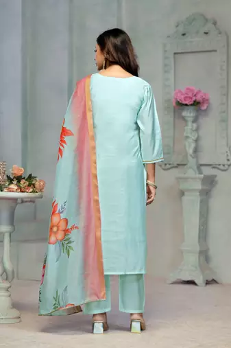 Beautiful blue colour rayon cotton readymade suit with graceful embroidery work for ethnic party looks