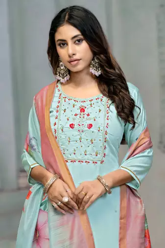 Beautiful blue colour rayon cotton readymade suit with graceful embroidery work for ethnic party looks