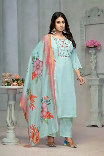 Beautiful blue colour rayon cotton readymade suit with graceful embroidery work for ethnic party looks