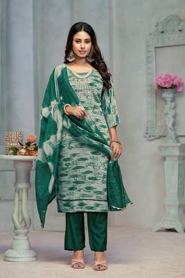 Beautiful green colour rayon cotton readymade suit with graceful embroidery work for ethnic party looks 1