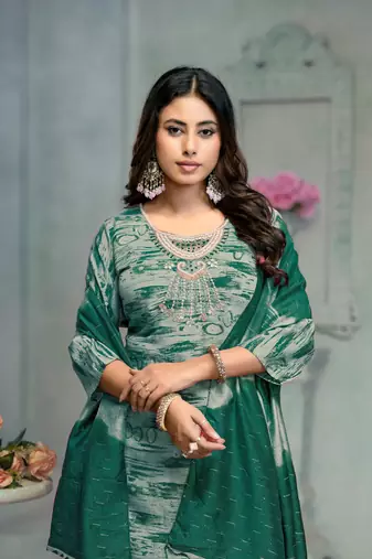 Beautiful green colour rayon cotton readymade suit with graceful embroidery work for ethnic party looks