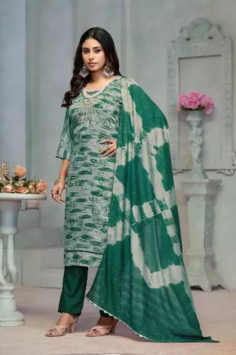 Beautiful green colour rayon cotton readymade suit with graceful embroidery work for ethnic party looks