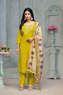 Beautiful lamon colour rayon cotton readymade suit with graceful embroidery work for ethnic party looks 1