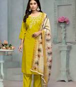 Beautiful lamon colour rayon cotton readymade suit with graceful embroidery work for ethnic party looks