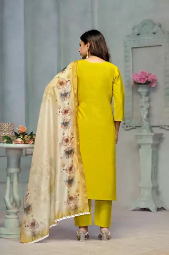 Beautiful lamon colour rayon cotton readymade suit with graceful embroidery work for ethnic party looks