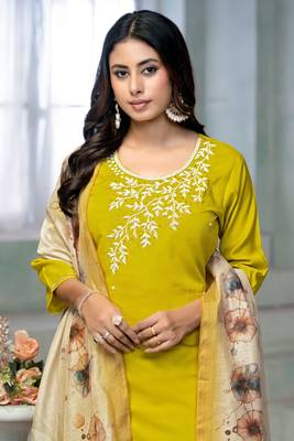 Beautiful lamon colour rayon cotton readymade suit with graceful embroidery work for ethnic party looks 3