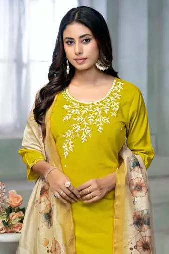 Beautiful lamon colour rayon cotton readymade suit with graceful embroidery work for ethnic party looks