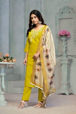 Beautiful lamon colour rayon cotton readymade suit with graceful embroidery work for ethnic party looks 4