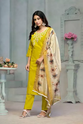 Beautiful lamon colour rayon cotton readymade suit with graceful embroidery work for ethnic party looks