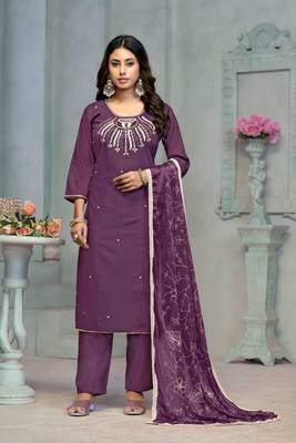 Beautiful purple colour rayon cotton readymade suit with graceful embroidery work for ethnic party looks 1