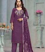 Beautiful purple colour rayon cotton readymade suit with graceful embroidery work for ethnic party looks
