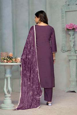 Beautiful purple colour rayon cotton readymade suit with graceful embroidery work for ethnic party looks 2