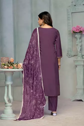 Beautiful purple colour rayon cotton readymade suit with graceful embroidery work for ethnic party looks