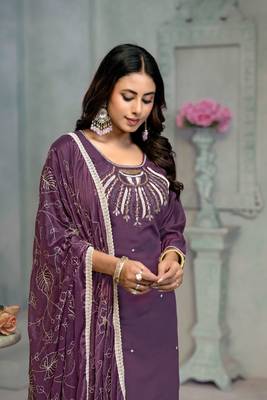 Beautiful purple colour rayon cotton readymade suit with graceful embroidery work for ethnic party looks 3