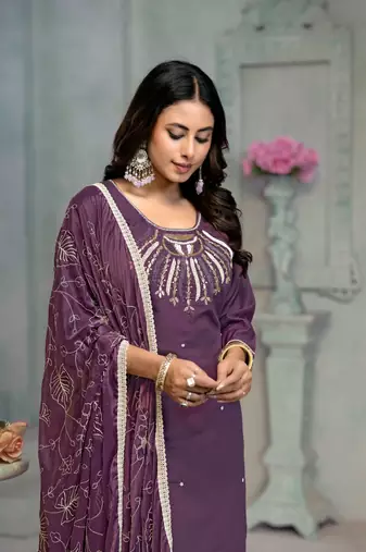 Beautiful purple colour rayon cotton readymade suit with graceful embroidery work for ethnic party looks