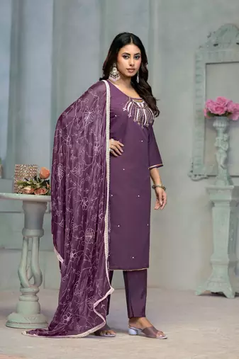 Beautiful purple colour rayon cotton readymade suit with graceful embroidery work for ethnic party looks