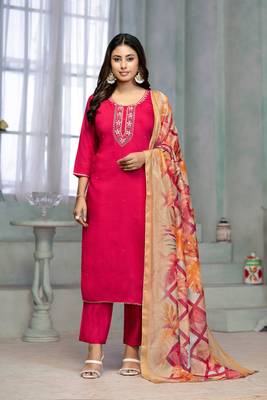 Beautiful pink colour rayon cotton readymade suit with graceful embroidery work for ethnic party looks 1