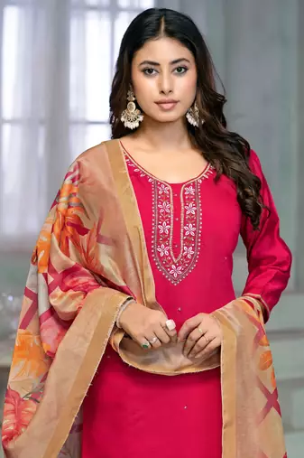 Beautiful pink colour rayon cotton readymade suit with graceful embroidery work for ethnic party looks