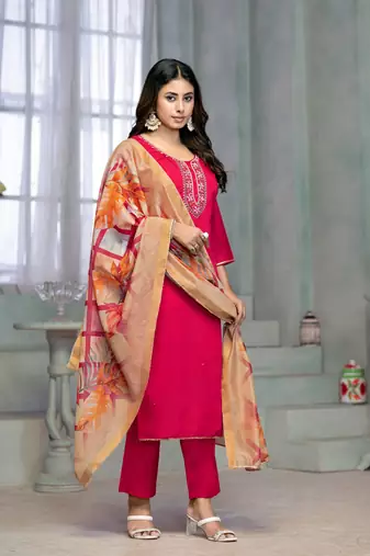 Beautiful pink colour rayon cotton readymade suit with graceful embroidery work for ethnic party looks