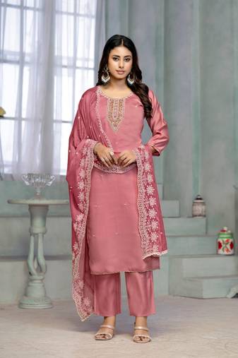 Beautiful pink colour rayon cotton readymade suit with graceful embroidery work for ethnic party looks