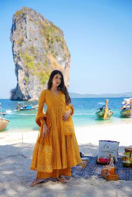 Heavy and ethnic graceful looks mustard colour palazzo dress for partywear looks 1
