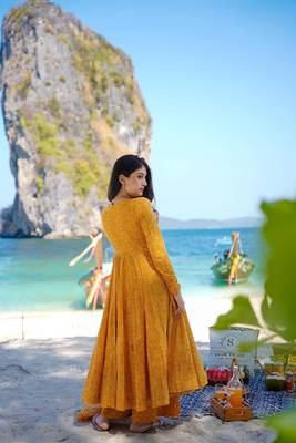 Heavy and ethnic graceful looks mustard colour palazzo dress for partywear looks 2